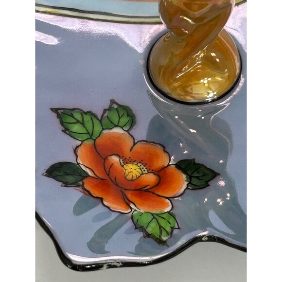 Lusterware Art Deco Noritake Blue Floral Butterfly Ring Trinket Tidbit Soap Dish - Picture 9 of 13